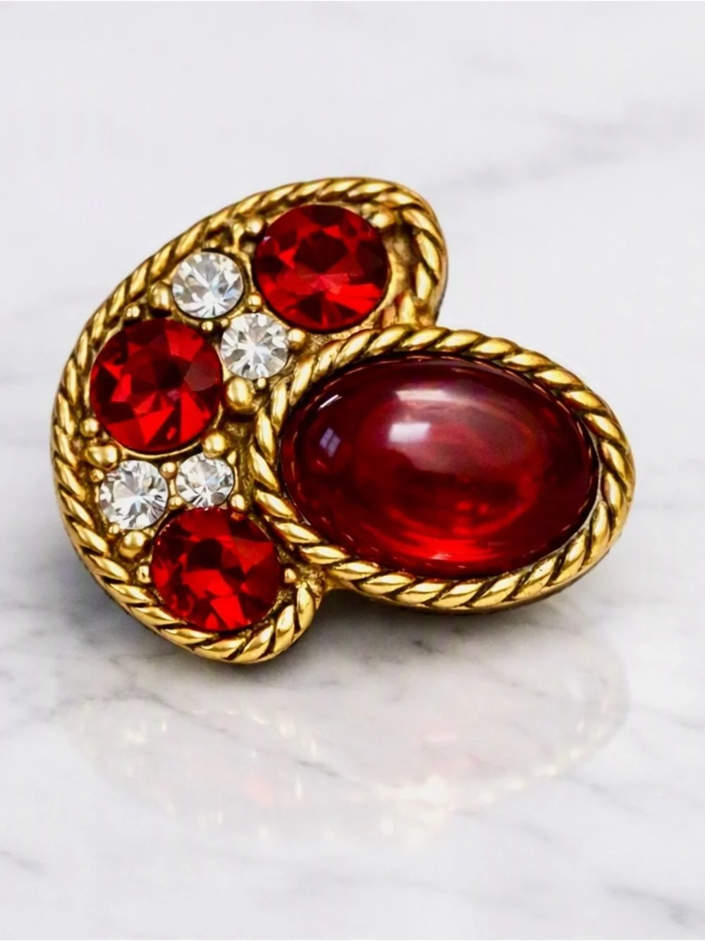 1940s Signed Eisenberg Ruby Jelly Belly Scatter Pin • Red Cabochon & Rhinestone